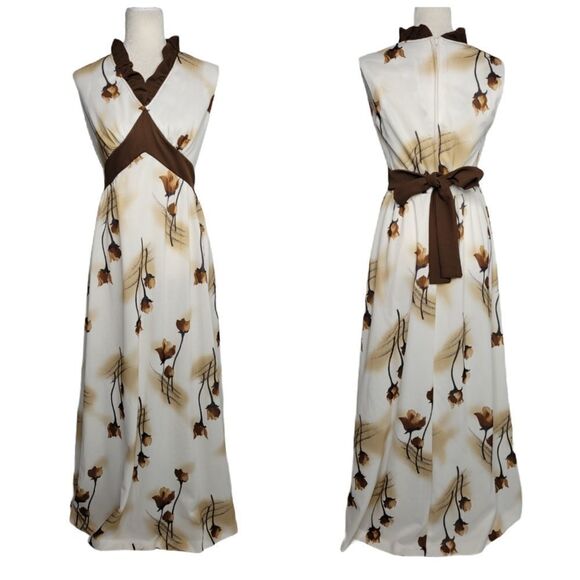 Vintage Dresses & Skirts - VINTAGE 70s maxi dress ruffle sleeveless brown floral L